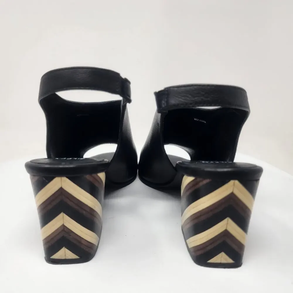 Eileen Fisher Bobbie Slingback Sandal Women 9.5 Italian Black Leather Wood Heel